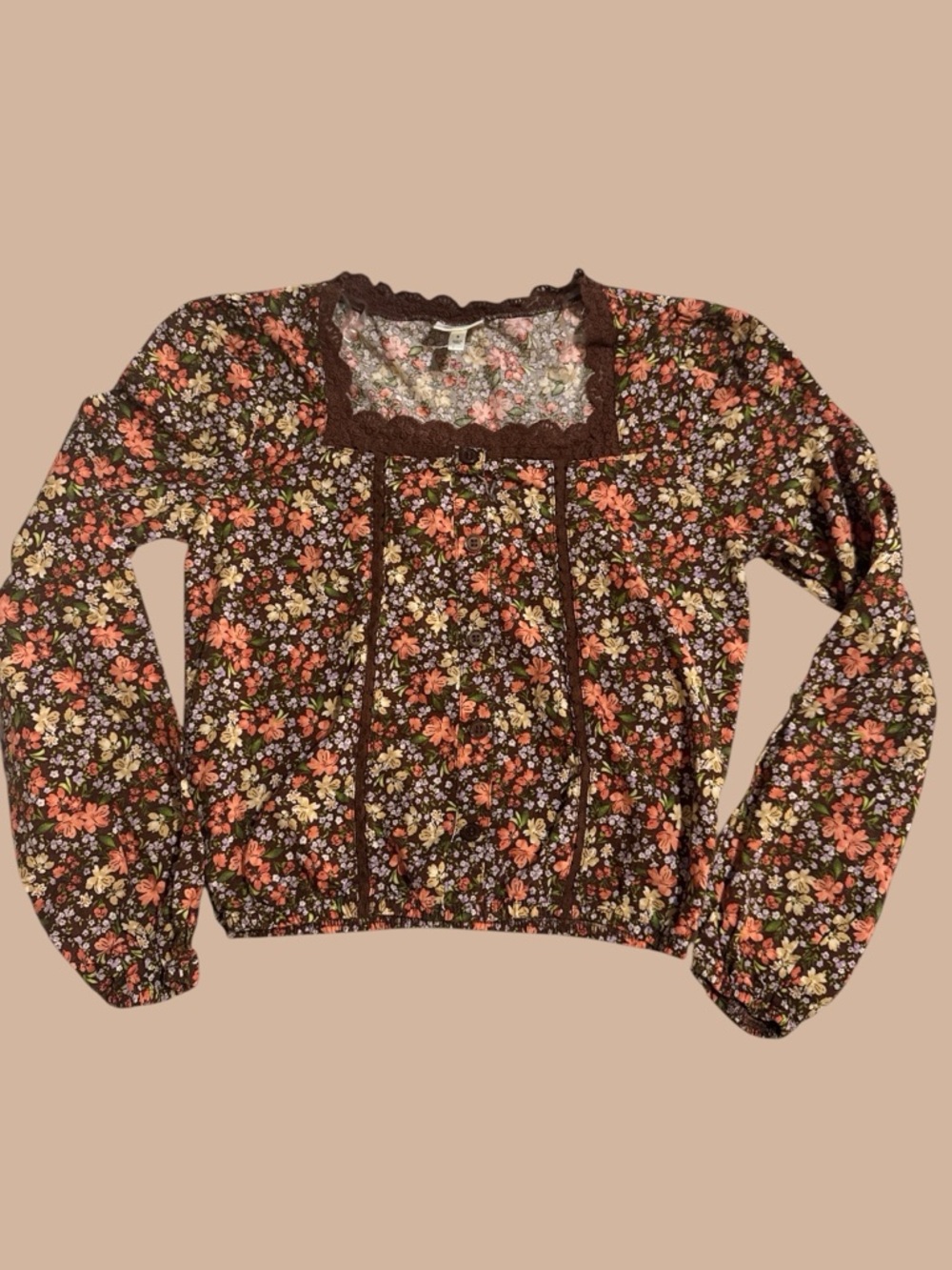 Floral Lace-Trim Long Sleeve Top - Brown Floral - Picture 2 of 9